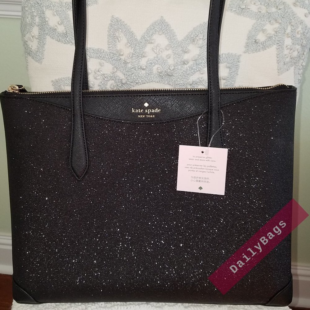 SHIMMY GLITTER TOTE IN BLACK KATE SPADE SHOULDER HAND-BAG SPARKLES IN THE SUN